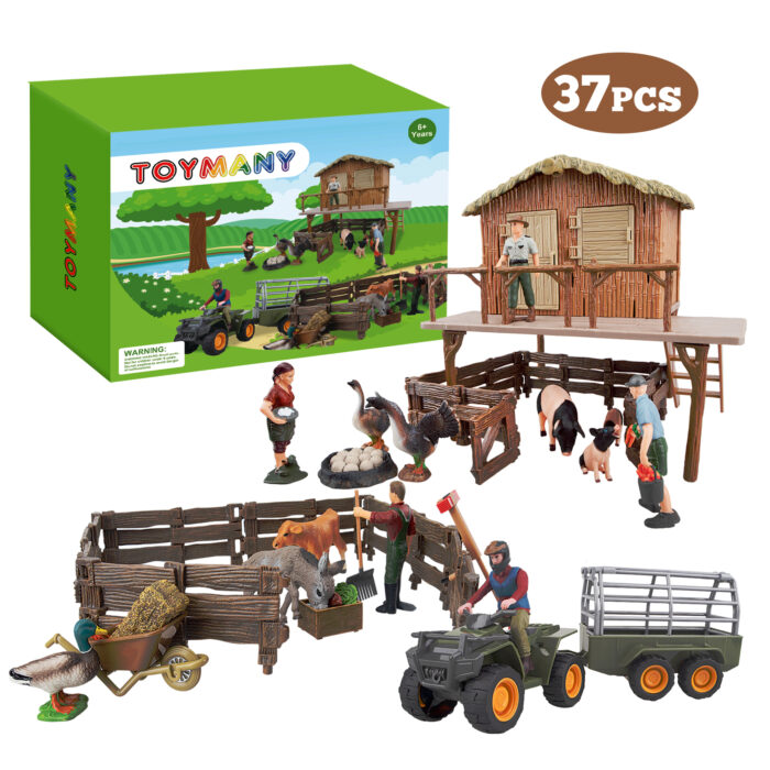 37PCS Big Farm Animals Figurines Toy with Barn House Motorcycle Fence - Farm Tractor Figures Set with Farmers Pigs Foods - Image 2