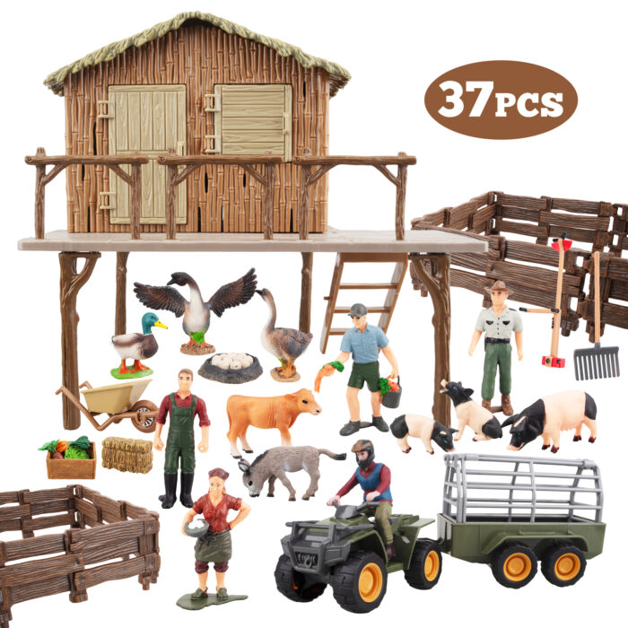 37PCS Big Farm Animals Figurines Toy with Barn House Motorcycle Fence - Farm Tractor Figures Set with Farmers Pigs Foods