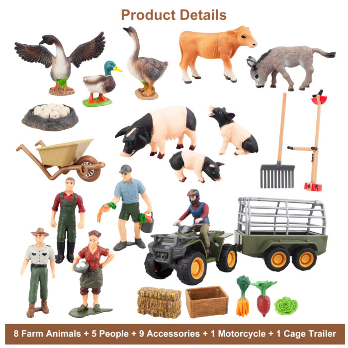 37PCS Big Farm Animals Figurines Toy with Barn House Motorcycle Fence - Farm Tractor Figures Set with Farmers Pigs Foods - Image 9