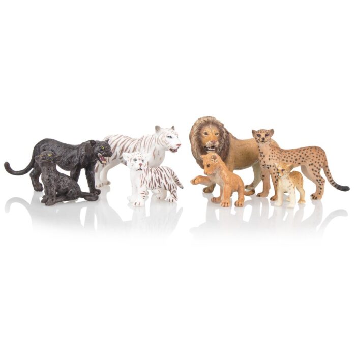 TOYMANY 8PCS 2-5" Plastic Safari Animals Figure Playset Includes Baby Animals, Realistic Lion,Tiger,Cheetah,Black Panther Figurines with Cub, Cake Toppers Christmas Birthday Toy Gift for Kids Toddlers