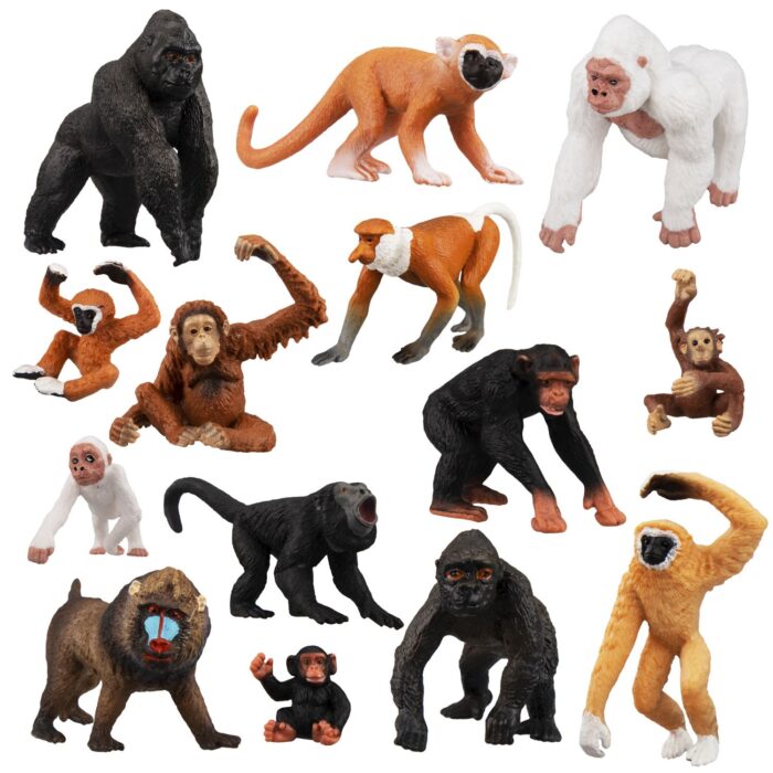 TOYMANY 14PCS Various Monkeys & Gorillas Figurines Playset, Plastic Jungle Animals Monkey Toy Set Included Chimpanzee Mandrill Gibbons, Cake Toppers Christmas Birthday Gift for Kids Todllers