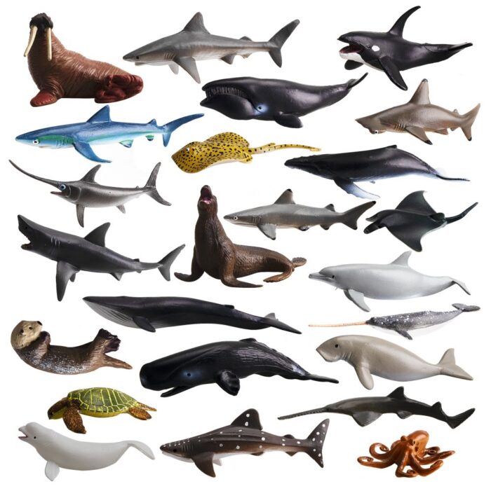 TOYMANY 24PCS Mini Sea Animal Figures, Realistic Ocean Animals Figurines Cake Topper Toy Set with Sharks Whales Octopus, Easter Egg Christmas Birthday Gift Party Favor School Project for Kids Toddlers