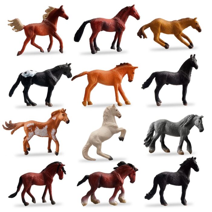 TOYMANY 12PCS 1-2" Tiny Horse Figurines Toy Set, Plastic Miniature Pony Small Foal Figures, Christmas Birthday Gift Cupcake Cake Topper Party Favor Educational Toy School Prize for Kids Toddlers