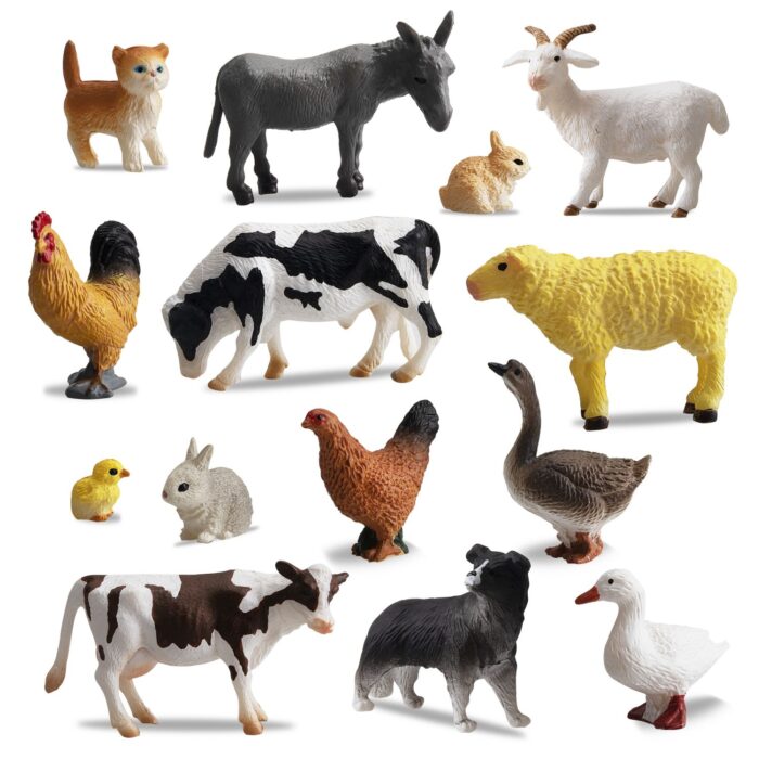 TOYMANY 14PCS 0.3-2" Tiny Farm Animal Figures Toy, Detailed Texture Farm Figurines Cake Topper Toy Set, Easter Egg Christmas Birthday Gift Party Favor School Project for Kids Children Toddlers