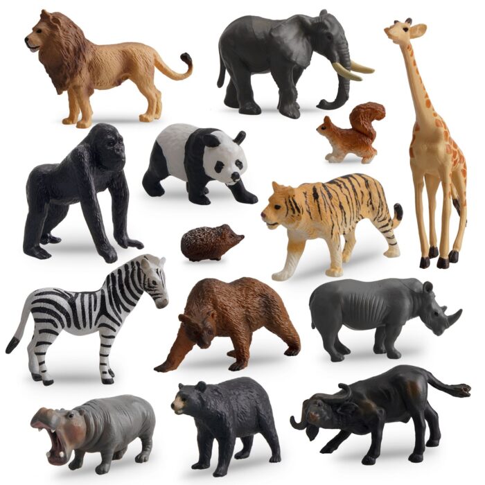 TOYMANY 14PCS 1-2" Tiny Safari Animal Figures Toy, Realistic Mini Jungle Zoo Animal Figurines Cake Topper Toy Set, Easter Egg Christmas Birthday Gift Party Favor School Project for Kids Toddlers