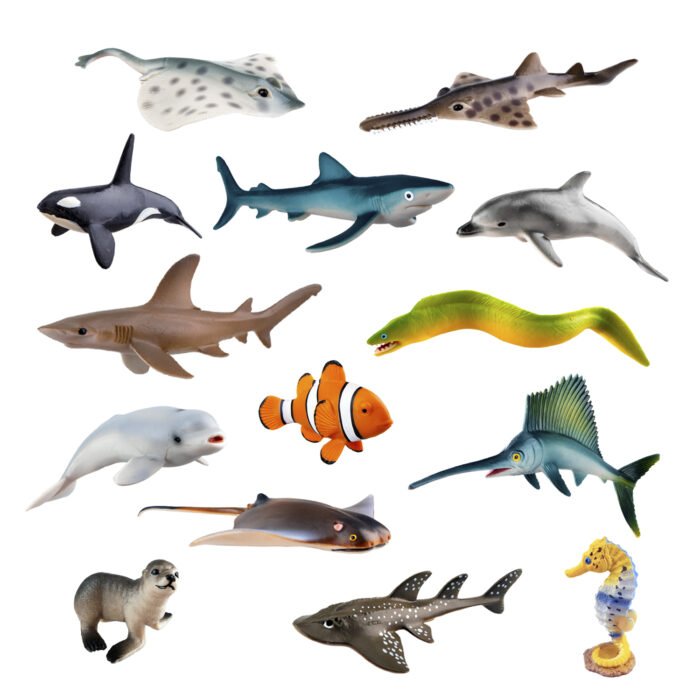 TOYMANY 14PCS Realistic Sea Animals Figurines, 2-6" Plastic Ocean Animals Figures Set Includes Orca/Beluga Whale,Sharks,Dolphin,Fish, Baby Shower Toy Cake Toppers Birthday Gift for Kids Toddlers