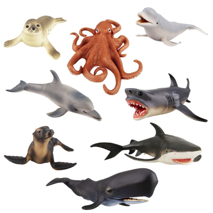 TOYMANY 8PCS 4-8" Large Sea Ocean Animals Figurines Bath Toy, Plastic Shark Whale Animals Figures Set Includes Beluga Whale,Sharks,Dolphin, Baby Shower Toy Cake Toppers Birthday Gift for Kids Toddlers