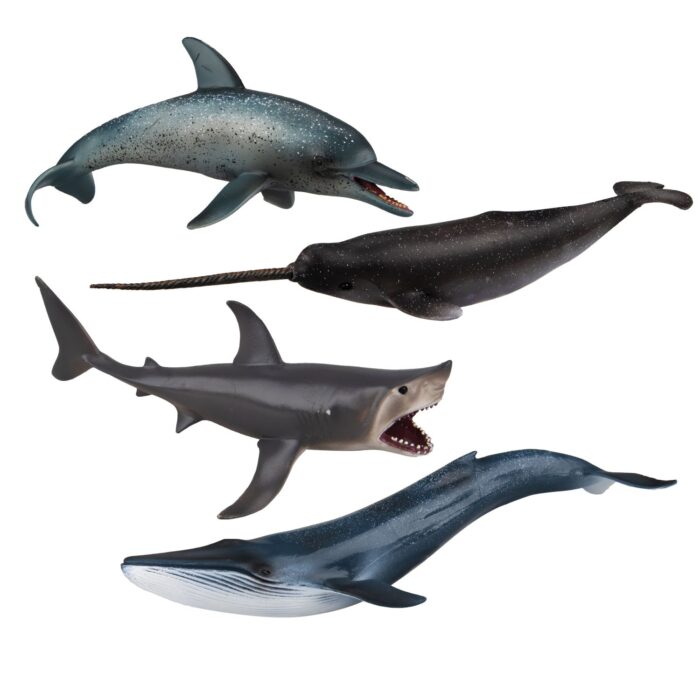 TOYMANY 4PCS 8-10" L Realistic Large Shark & Whale Figurines Bath Toys, Plastic Play Ocean Sea Animals Figures Set Includes Dolphin,Great White Shark,Blue Whale, Educational Birthday Gift for Kids