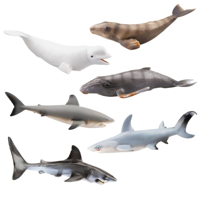 TOYMANY 6PCS 7" L Realistic Large Shark and Whale Figurines Bath Toy Set, Plastic Play Ocean Sea Animals Figures Set Includes Mako Shark,Great White Shark, Christmas Birthday Gift for Kids Toddlers