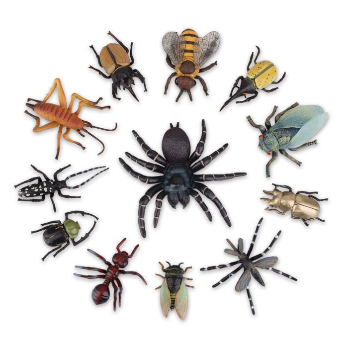 12PCS Realistic Insects Figures Toys - Plastic Bugs Figurines Set with Cicada Cricket Scarab Bee Ant Spider