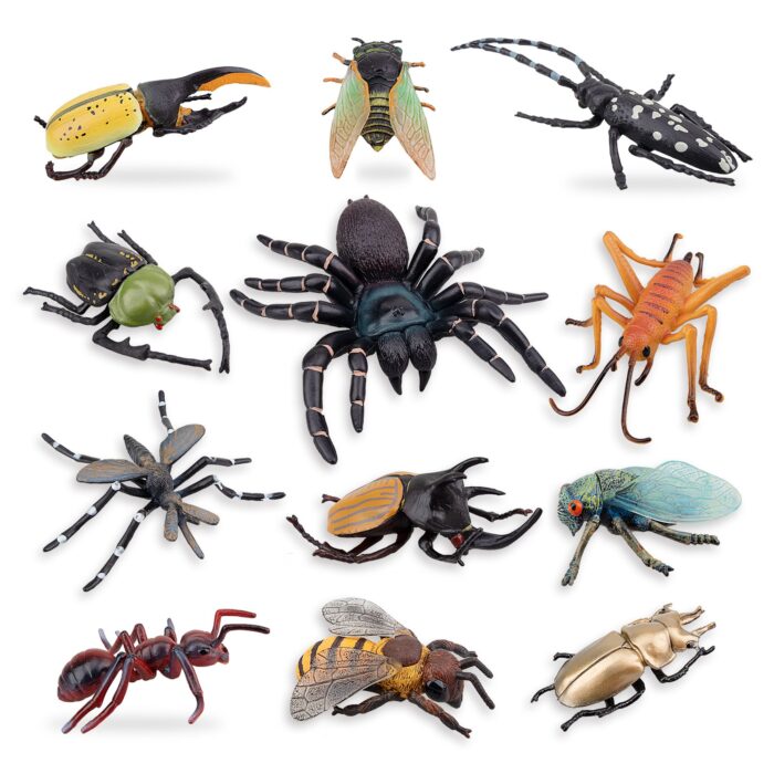 12PCS Realistic Insects Figures Toys - Plastic Bugs Figurines Set with Cicada Cricket Scarab Bee Ant Spider - Image 3