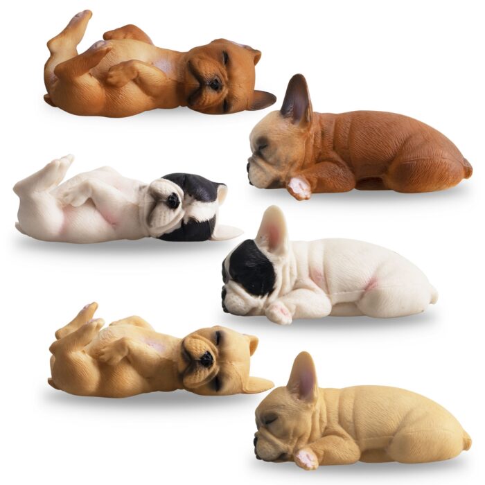 TOYMANY 6PCS Realistic French Bulldog Figurines, Small Solid Lying and Sleepy Dog Figures Toy Set, Christmas Birthday Gift Party Favor School Project Decoration Cake Toppers for Kids Toddlers Children